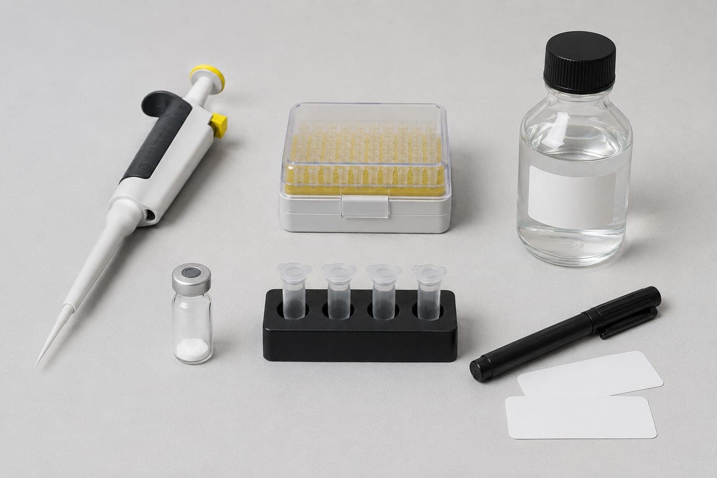 Reconstitution kit laid out: pipette, box of tips, solvent bottle, peptide vial, tube rack, marker pen, and blank labels.