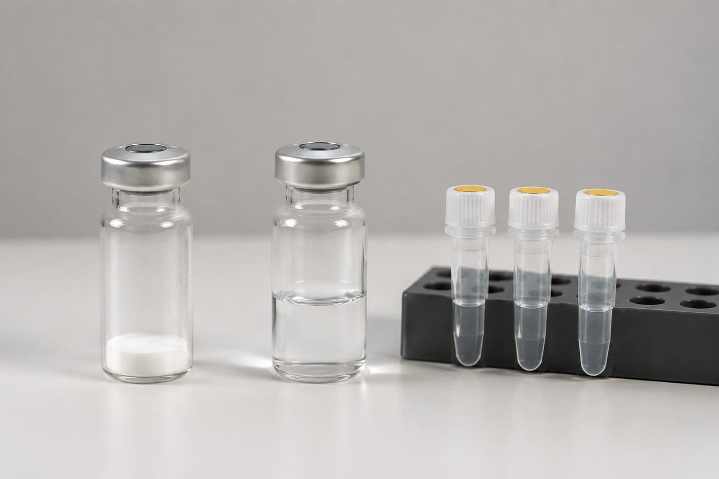 Two glass peptide vials showing freeze-dried powder and a clear dissolved solution, beside three capped microcentrifuge tubes in a black rack.